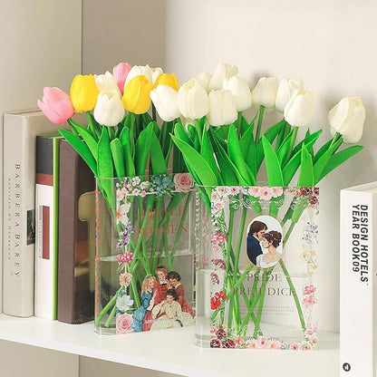 Book Vase, Acrylic Book Vase for Flowers, A Book About Flowers Vase, Book Shaped Vase, Book Flower Vase Clear, Modern Decorative Vase for Living Room, Bathroom, Office, Shelf, Set of 2