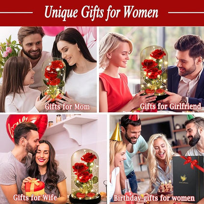 Christmas Flower Gifts for Women,Beauty and The Beast Rose in Glass Dome with 2 Light Modes,Eternal Rose Romantic Xmas Gift for Her,Xmas Birthday Gifts for Women Mom Wife Girlfriend,Silk Red Rose