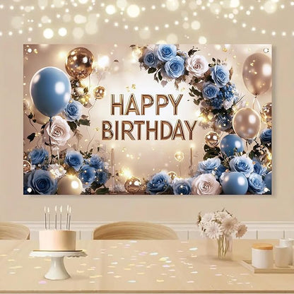 Blue and Gold Happy Birthday Backdrop Banner Elegant Floral Balloon Photography Background Birthday Party Decorations Glittering Rose Blue Gold Balloons Banner Supplies 71x43 Inch