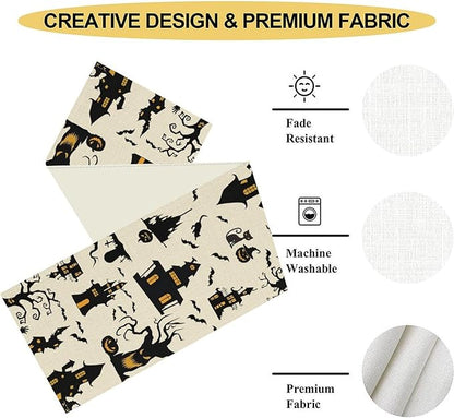 Halloween Table Runner, Retro Gothic Spoonky House Day of Death Mysterious Halloween Coffee Table Center Decor for Home Kitchen Dining Patio Holiday Party Table Decorations 13x36 inches