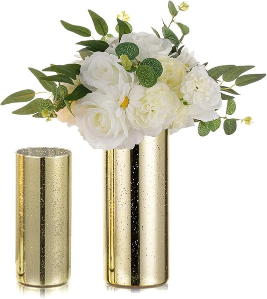 Glass Cylinder Vases Set of 2, Hewory Glittery Gold Vase for Centerpieces, Glass Hurricane Candle Holders for Pillar Floating Candle, Tall Round Vase for Wedding Anniversary Events Home Table Decor