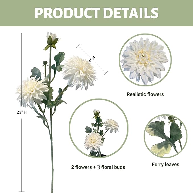 Dahlia Artificial Flowers, 23 inch White Silk Flowers with 6 Heads, Realistic Faux Floral Stems for Wedding Centerpieces and Home Decor