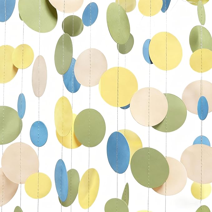 Sage Green Dusty Blue Yellow Beige Polka Dots Garlands Olive Green Macaron Yellow Dusty Blue Sand White Cream Nude Hanging Paper Circle Dots Streamer for Birthday Baby Shower Wedding Party Decorations