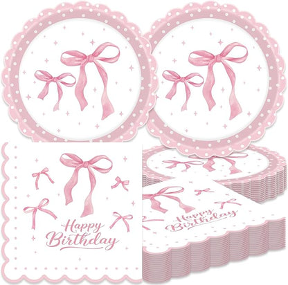 40Pcs Pink Bow Birthday Decorations Pink Bow Plates and Napkins Set Party Supplies for Baby Shower Decor Bachelorette Coquette Birthday Decorations for Girl