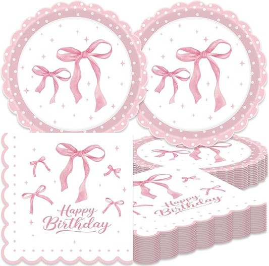 40Pcs Pink Bow Birthday Decorations Pink Bow Plates and Napkins Set Party Supplies for Baby Shower Decor Bachelorette Coquette Birthday Decorations for Girl