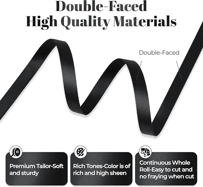 Black Satin Ribbon, Double Faced 1/4 Inch X 50 Yards Black Ribbon, Premium Satin Ribbon for Gift Wrapping, Crafts, Hair Bow Making, Sewing, Flower Bouquet, Wedding Party Decor