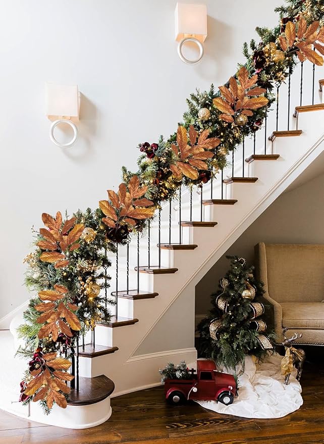 3PCS Bronze Glittered Artificial Leaf Spray Picks 31 inch Tall for Christmas Winter Autumn Wreath Tree Swag Floral Arrangment Vase Holiday Wedding, Bronze
