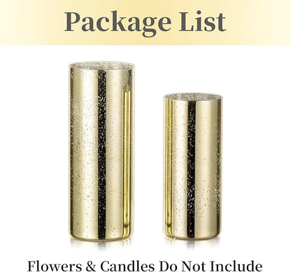 Glass Cylinder Vases Set of 2, Hewory Glittery Gold Vase for Centerpieces, Glass Hurricane Candle Holders for Pillar Floating Candle, Tall Round Vase for Wedding Anniversary Events Home Table Decor