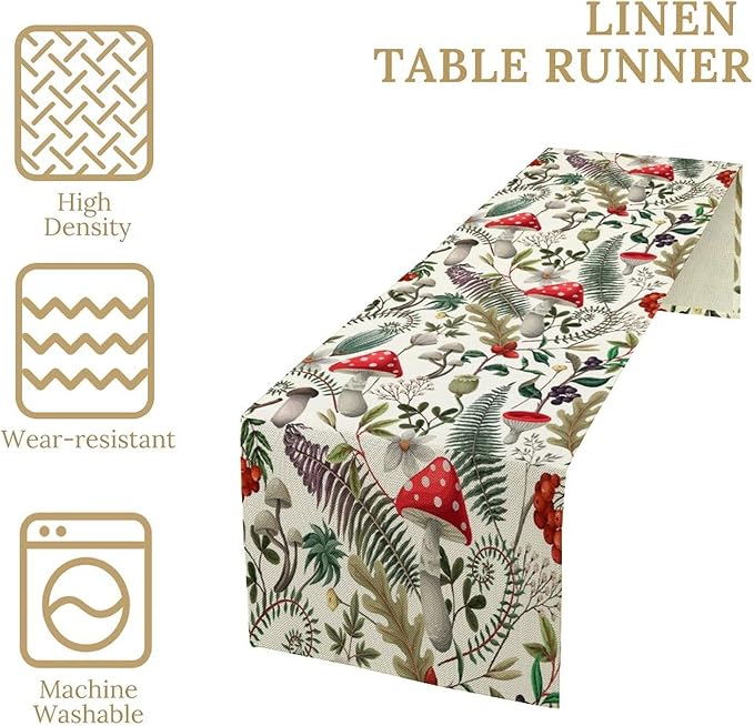 Rustic Botanical Mushroom Table Runner Wildflower Garden Flower Nautre Plants Herbs Seasonal Dinner Runner for Farmhouse Kitchen Dining Cabin Home Holiday Party Table Decor 13x36in