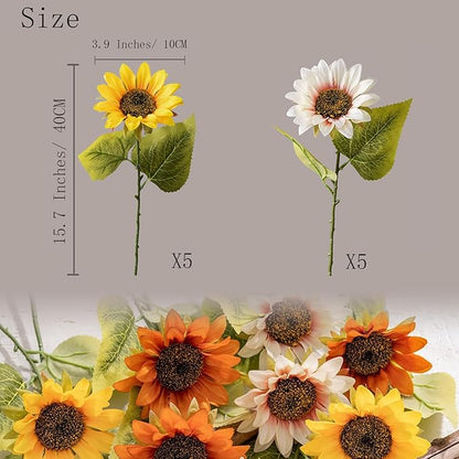 10 Pack Sunflowers Artificial Flowers - Realistic Fake Sunflowers for Home Decor, UV Resistant Silk Flowers for Wedding Centerpieces Farmhouse Office Outdoor Decoration (5 Yellow & 5 White)