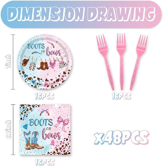 48pcs Pink Blue Gender Reveal Party Decoration Set,16 Dessert plate,16 Napkin And 16 Fork,16 persons Disposable tableware,Used Cowgirl Birthday Party Supplies (Multicolor 25)