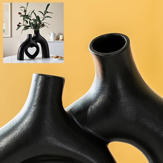 Hug Donut Ceramic Decorative Vase Set, Snuggle Hollow Modern Nordic Boho Style Vases for Home Decor Living Room Shelf Bookshelf Mantle Entryway Table Console Décor (Matte Black)