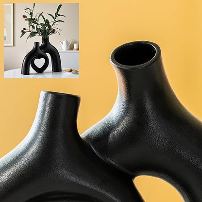 Hug Donut Ceramic Decorative Vase Set, Snuggle Hollow Modern Nordic Boho Style Vases for Home Decor Living Room Shelf Bookshelf Mantle Entryway Table Console Décor (Matte Black)