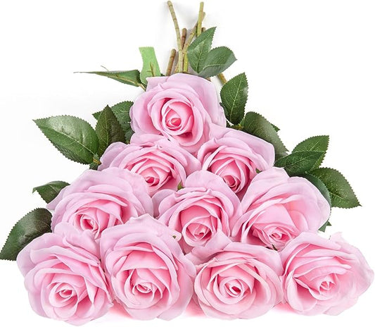 DuHouse 10pcs Fake Roses Artificial Silk Flowers Faux Rose Flower Long Stems Bouquet for Arrangement Wedding Centerpiece Party Home Kitchen Decor (Pink)