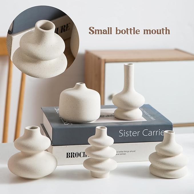 Small White Ceramic Vases Set of 5, Mini Decorative Boho Vases for Flower, Wedding & Home Decor
