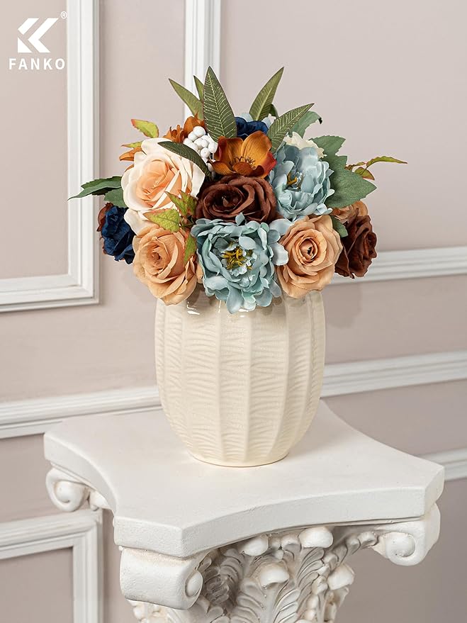 FANKO Artificial Flowers Navy Blue Rose, Mixed Fake Silk Flowers Combo Cream Yellow Rose Brown Dahlia Light Blue Peony Vintage Assorted Blooms for DIY Wedding Bridal Bouquets, Home Decor
