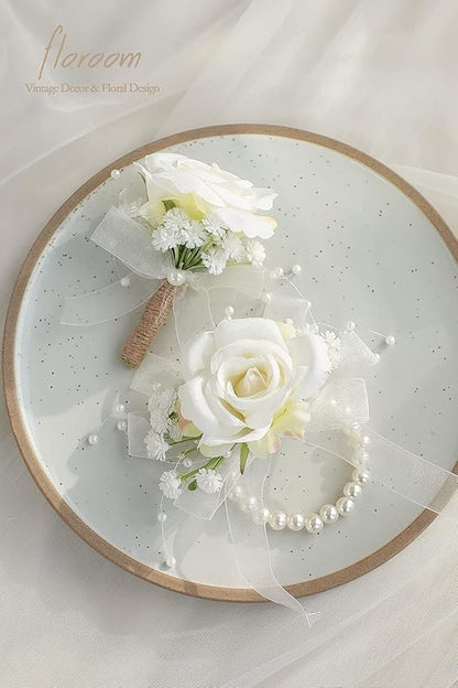 Floroom Ivory Rose Wrist Corsage Bracelet Wristlet Band and Men Boutonniere Set for White Wedding Flower Accessories Prom Suits