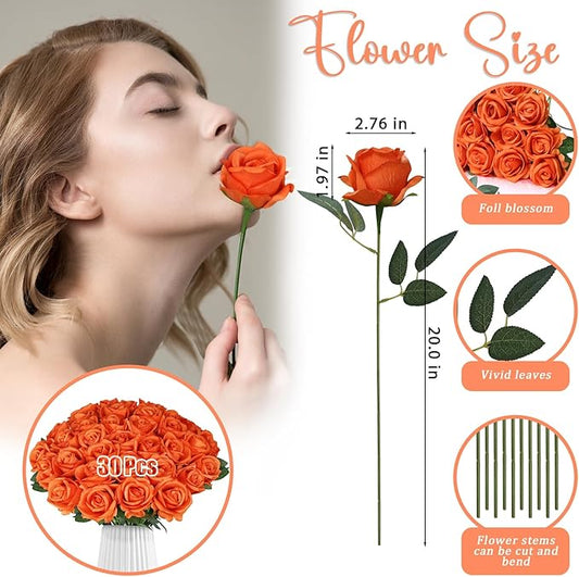 30pcs Fake Roses Artificial Silk Flowers Long Stems Bouquet for Wedding Bridal Shower Party Home Decoration (Orange)