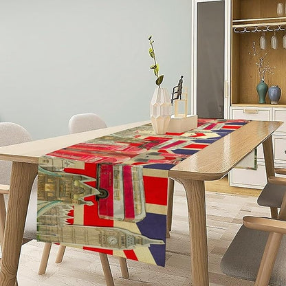 British Table Runner, Seasonal Vintage Buildings England London Culture Element Coffee Table Center Decor for Home Kitchen Dining Patio Holiday Party Table Decorations 13x36 inches