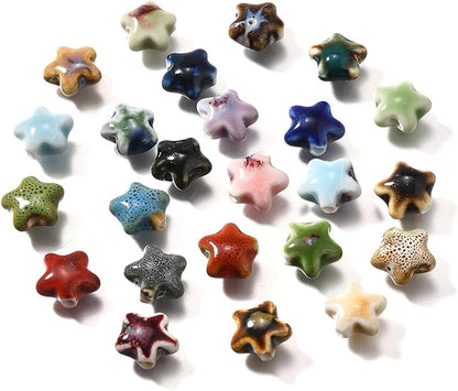 Beadthoven 50pcs Star Handmade Porcelain Beads 15X13.5mm Star Ceramic Beads Bulk Colorful Printed Cute Vintage Glazed Chinese Porcelain Loose Spacers for Bracelets Necklace DIY Jewelry Making Crafting