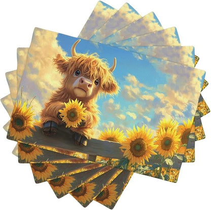 Cute Highland Cow Placemats Set of 6 Washable Table Mats Summer Yellow Sunflower Heat-Resistant Cotton Linen Place Mats for Dining Table Kitchen Indoor Outdoor Party Holiday Decor