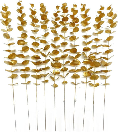 PASYOU Artificial Plants for Christmas Decor, Fake Gold Eucalyptus Plastic Grass Pick Shrubs Leaves Indoor Outdoor Home Garden Party Hotel Wedding Event Faux Table Decoration - 20 Inch Golden 10 Pack