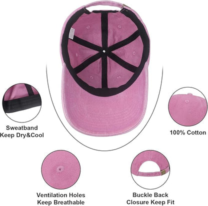Pickleball Hat for Women Men, Adjustable Embroidered Cotton Smiley Face Washed and Distressed Baseball Cap Pink