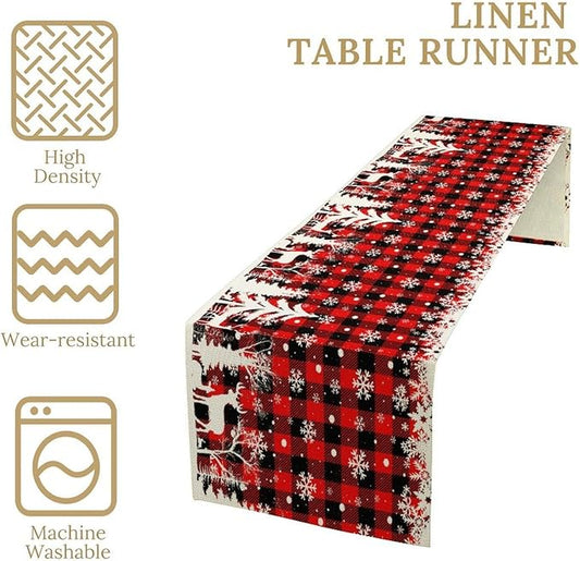 Christmas Table Runner,Red Black Plaid Xmas Snowflakes Deer Trees Print Tablecloth Burlap for Hotel Indoors Outdoor Dining Room Kitchen Home Decor,W13X L80 in