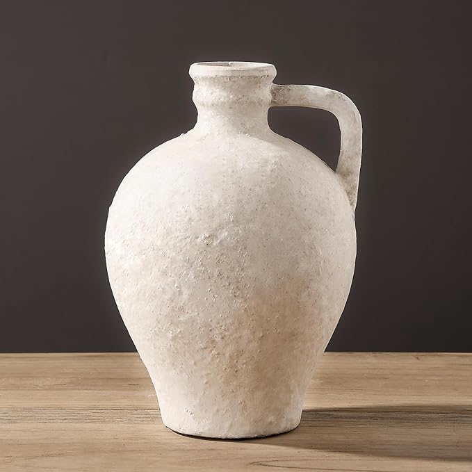 LUKA Ceramic Rustic Farmhouse Vase,8.25 inch Terracotta Vase with Handle,Neutral Clay Pot Vases Decorative Vase for Living Room,Table,Shelf Decor(Off-White,M)