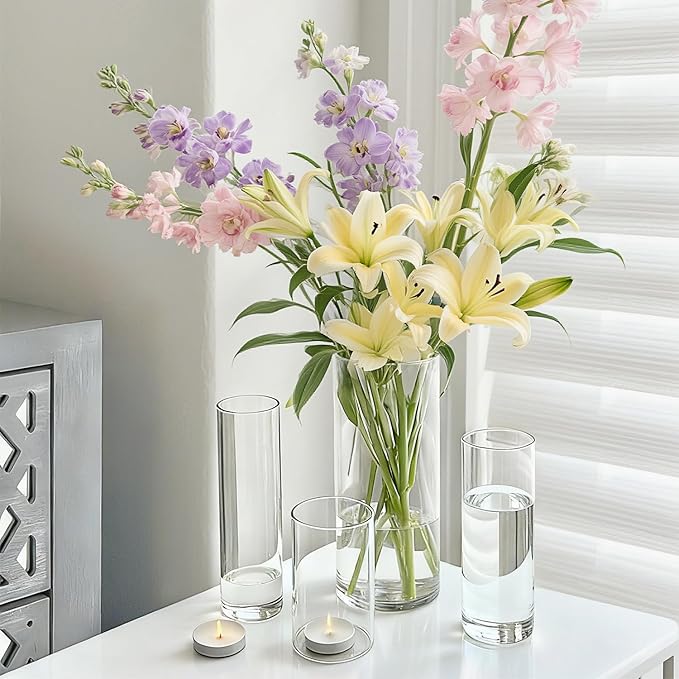 Cylinder Glass Bud Vases Set of 10 Clear Flower Vase for Centerpieces Shelf, Modern Small Vases for Living Room Bedroom Office Home, Decor for Wedding House Warming Party
