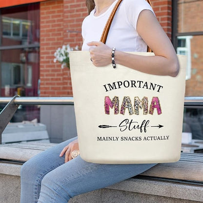 Canvas Tote Bag for Women, Important Stuff Bag with Leather Handle, Reusable Grocery Bags for Shopping Beach Travel