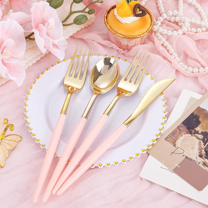 Supernal 102Pcs Pink Plastic Silverware, Gold Disposable Utensils with Pink Handle, Elegant Gold Plastic Silverware Set Includes 34 Forks, 34 Spoons and 34 Knives for Party & Wedding, Mother's Day