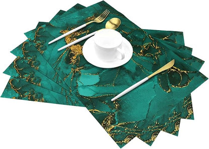 Turquoise Marble Decorative Placemats Set of 4, Emerald Dark Green Table Mats for Kitchen Holiday Party Modern Farmhouse Home Decor 12x18 Inch