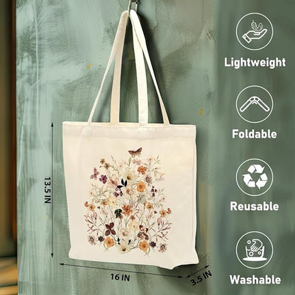 Aesthetic Floral Canvas Tote Bag for Women with Pocket, Tote Bags for Grocery Shopping Travel Christmas Birthday