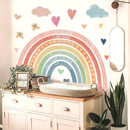 Rainbow Wall Decal Kids Inspirational Wall Stickers Watercolor Rainbow Wall Decals for Nursery Pastel I Am Decor Motivational Vinyl Walls Sticker for Kids Bedroom Playroom,20.6"x34"