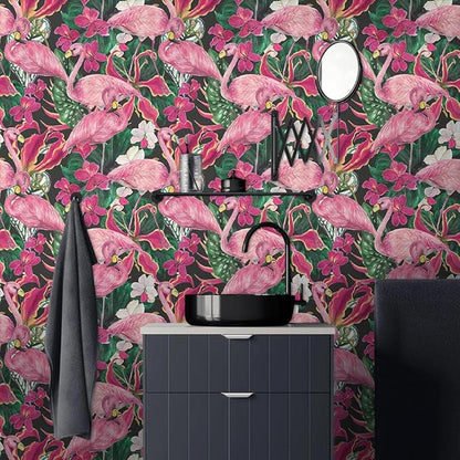 Modern Abstract Tropical Flamingo Birds Peel and Stick Wallpaper Easy Peel Off Contact Paper Stick on Adhesive Wall Paper for Bathroom Waterproof Renter Friendly