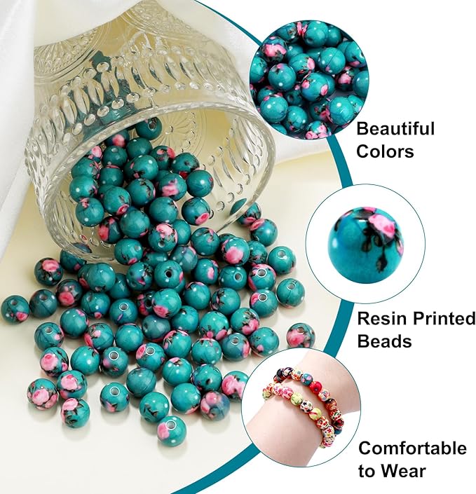 100 PCS 10mm Resin Beads Bulk for Bracelet Making Kit, Pink Flower Printed Round Loose Beads for Jewelry Earring Necklace Rings Art Craft DIY Projects