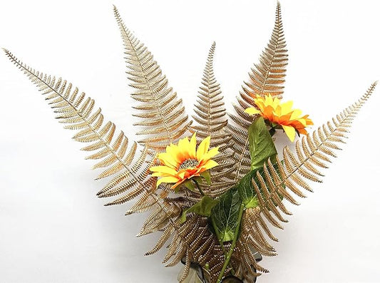 CATTREE Artificial Gold Plants Large Fern Leaves Tall 23" - 10 Pack, Fake Boston Ferns Golden Plant Decorations Plastic Faux Foliage Shrubs Simulated Leaf for Party Wedding Table Centerpiece DIY Décor