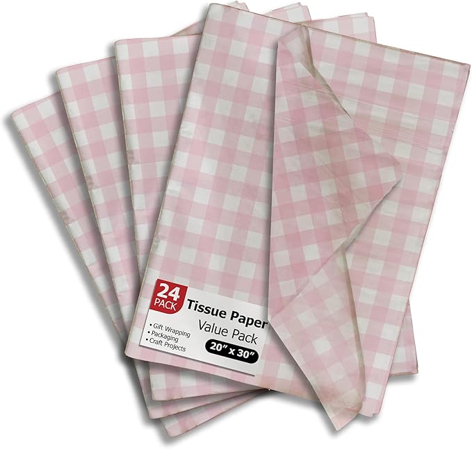 Pro Supply Global Pink Gingham Printed Tissue Paper for Gift Bags or Boxes and Wrapping - Checkered Bulk Decorative Art Tissue Paper for Packaging and Gifting | 24 Sheets 20" x 30"