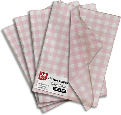 Pro Supply Global Pink Gingham Printed Tissue Paper for Gift Bags or Boxes and Wrapping - Checkered Bulk Decorative Art Tissue Paper for Packaging and Gifting | 24 Sheets 20" x 30"