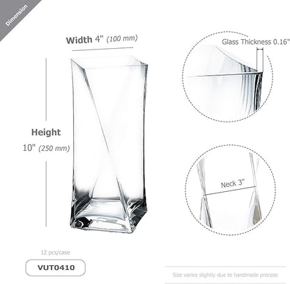 WGV Twist Bouquet Vase Bulk, 4" W, 10" H, Clear Square Block Gathering Hurricane Glass Floral Container, Centerpiece, Home Wedding Event Decor, 12 Pieces(VUT0410)