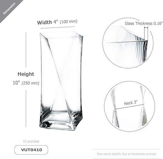 WGV Twist Bouquet Vase Bulk, 4" W, 10" H, Clear Square Block Gathering Hurricane Glass Floral Container, Centerpiece, Home Wedding Event Decor, 12 Pieces(VUT0410)