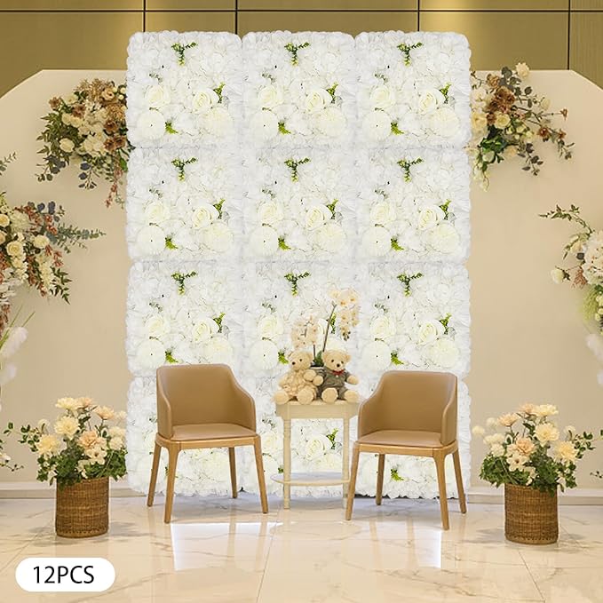 12Pcs Artificial Flower Wall Panel 3D Floral Backdrop Walls 15" X 15" Flower Wall Decor Flower Backdrop Faux Rose Panel for Party Home Background Decor, White
