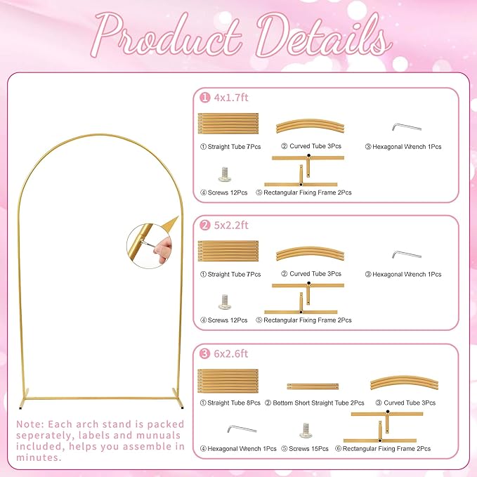 3pcs Arch Backdrop Stand - 4ft/5ft/6ft Gold Metal Flower Balloon Arch Frame Stand for Wedding, Birthday Party, Christmas, Baby Shower, Bridal Shower, Graduation Photography Decoration