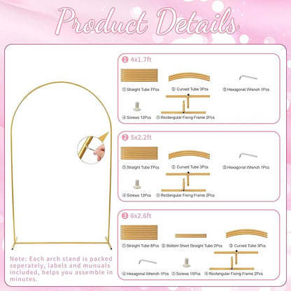 3pcs Arch Backdrop Stand - 4ft/5ft/6ft Gold Metal Flower Balloon Arch Frame Stand for Wedding, Birthday Party, Christmas, Baby Shower, Bridal Shower, Graduation Photography Decoration