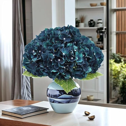 2Bouquets Artificial Fake Flowers Plants Silk Hydrangea Arrangements Wedding Bouquets Decorations Plastic Floral Home Kitchen Garden Party Festival Bar DIY((Dark Peacock Blue)