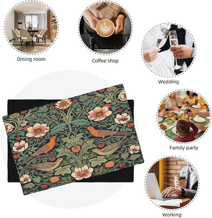 William Morris Placemats, Vintage Rustic Natural Green Plant Flower Strawberry Birdie Print Washable Fabric Placemats Table Kitchen Dining Party 12x18 Inch Set of 4