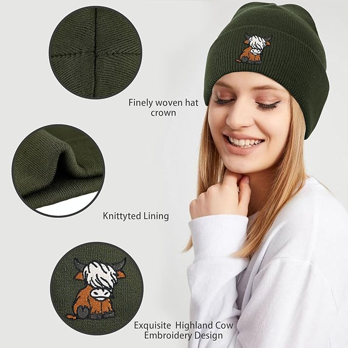 Scottish Highland Cow Beanie Hat, Cute Funny Cow Embroidery Winter Knit Skull Cap for Adult Men Women