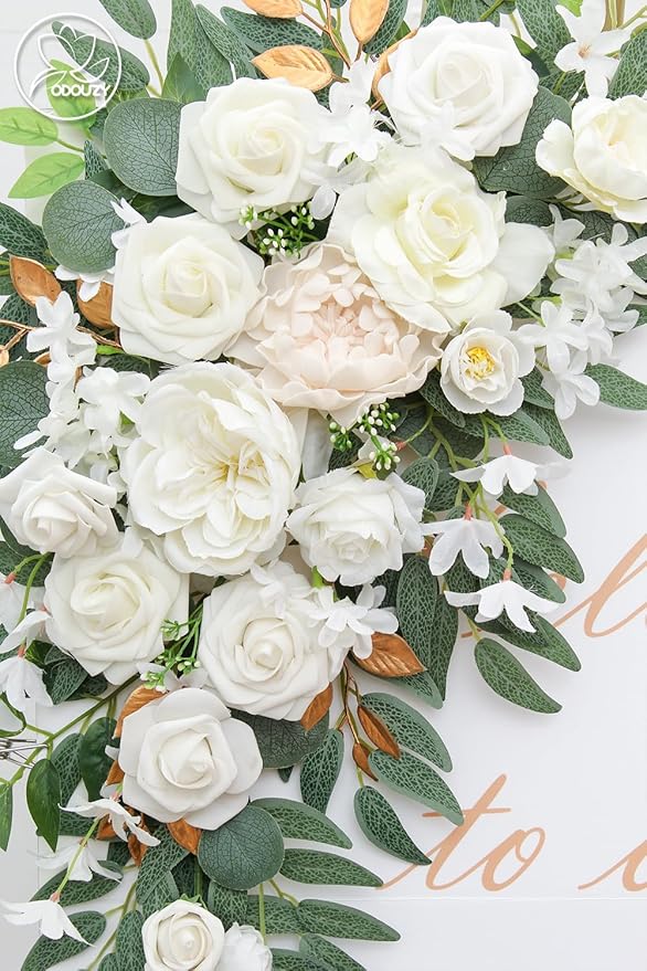 Pack of 2 Wedding Arch Decorations Artificial Hanging Flowers Floral Swag for Wedding Welcome Sign Backdrop Balloon Arch Home Party Bridal Ceremony Reusable(White)
