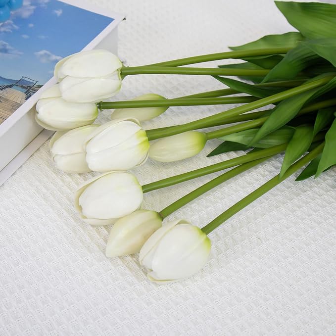 10 Pack Real Touch Tulips Artificial Flowers, 15.7 Inch Bendable Latex Tulips - No Maintenance Faux Flowers for Vase, Home Decor, Wedding Centerpiece (White)
